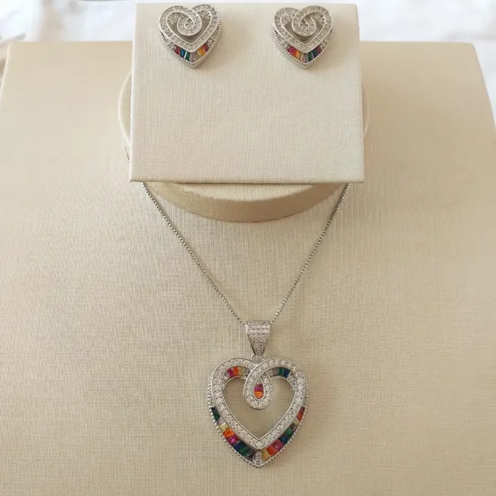 Conj Coração Rainbow Ródio - 4807 - Imagem 1